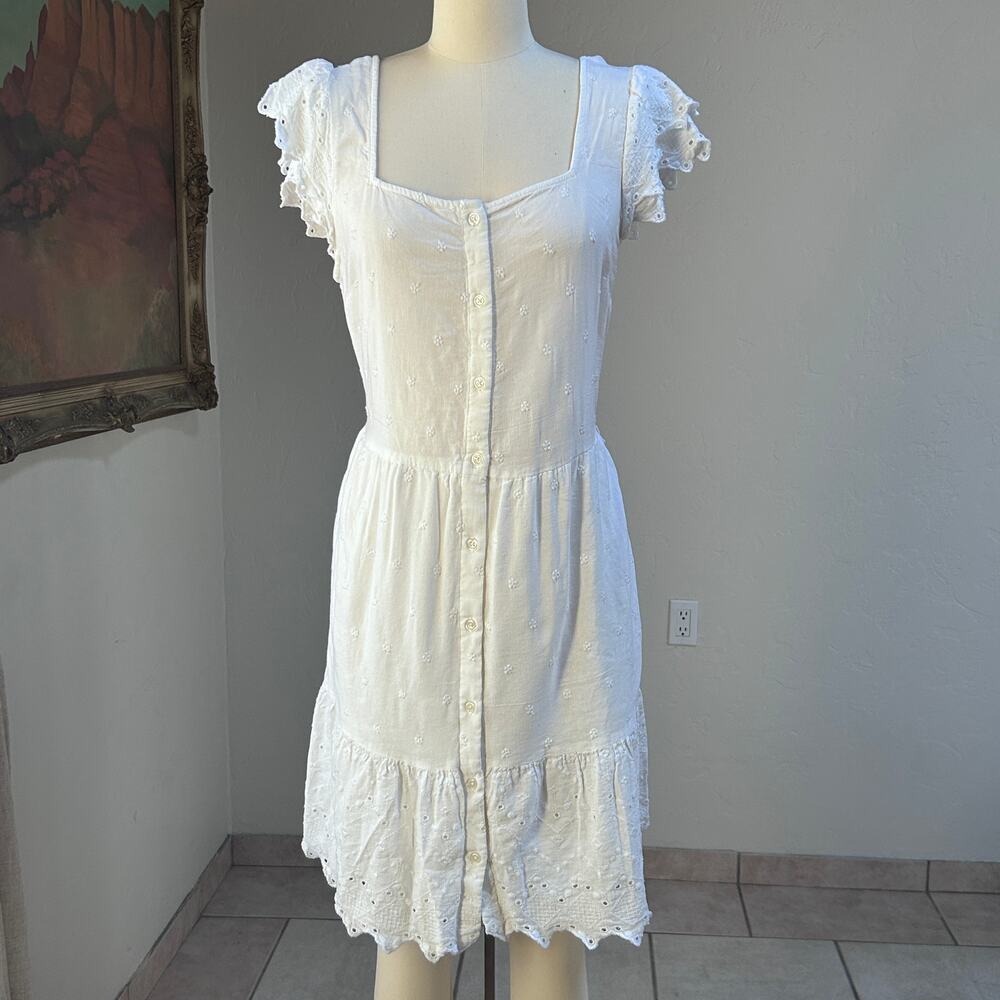 White‎ Cotton Eyelet Peasant Prairie Dress Womens M Embroidered Button Front